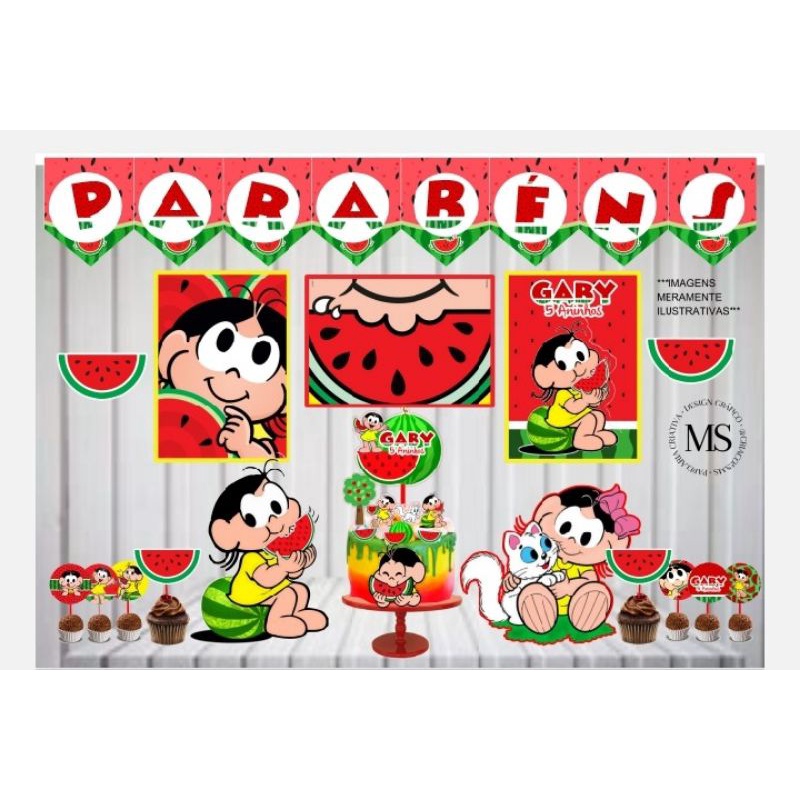 ENVIO RÁPIDO Kit festa Magali - Melancia | Personalizado Bolinho Aniversário 40 itens Lembrancinha