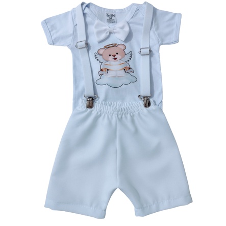 Roupa Bebê Menino Conjunto Batizado Batismo Infantil Camiseta + Shorts + Suspensório