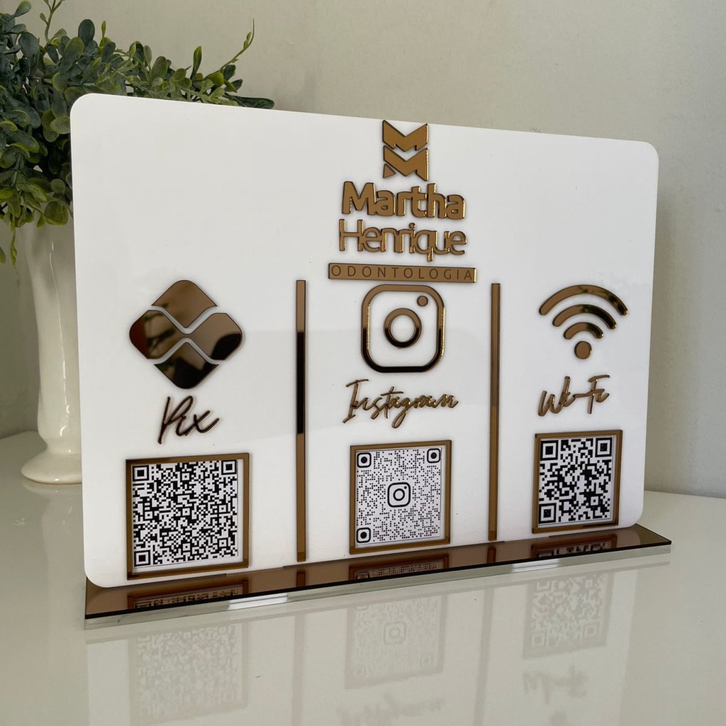 Placa Display 3 QR Code Em Acrílico Espelhado
