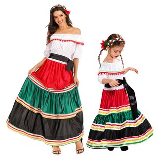 Vestido mexicano folclórico tradicional para mulheres e meninas Traje de Halloween para festa familiar entre pais e filh