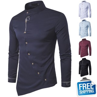 Camisas De Colarinho De Pé Masculino Casuais Irregulares De Botão Oblíquo Liso