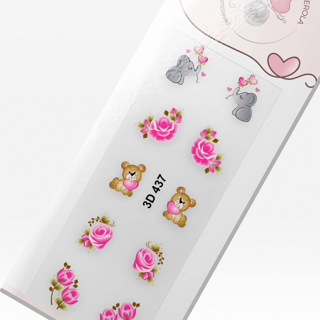 Adesivo 3D de unhas- Elefante, rosas e ursinho-3D 437 em Oferta na Shopee