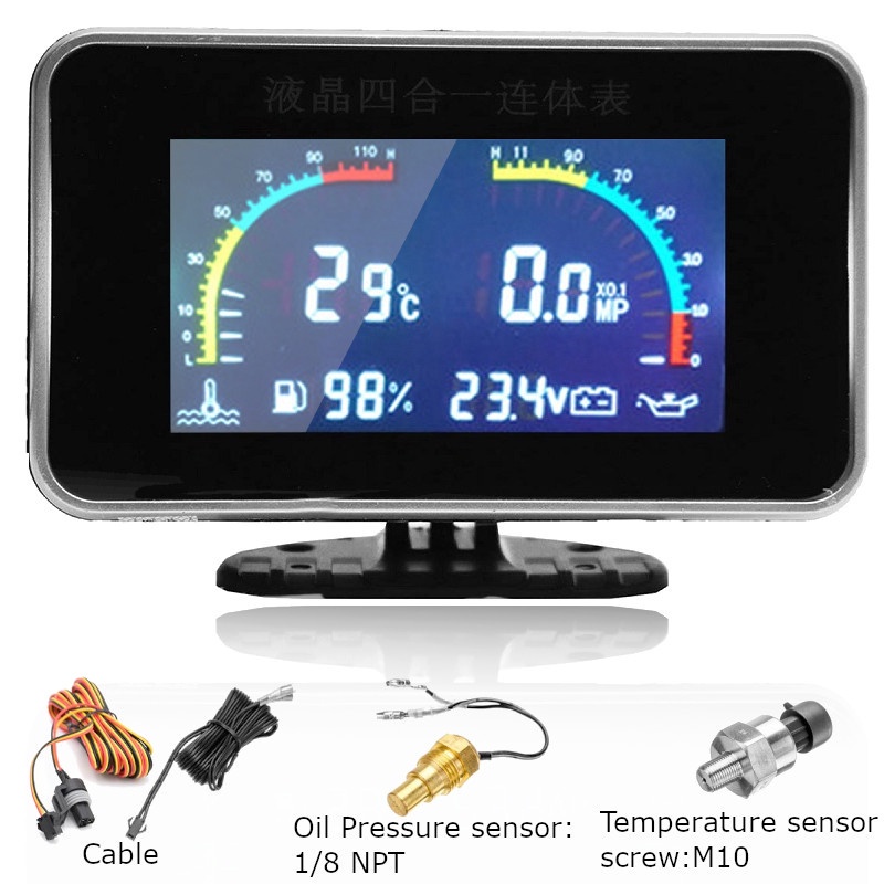 4 Em 1 LCD Carro Digital Alarme Medidor De Pressão Voltímetro Volt Temperatura Da Água Óleo Combustível Sensor 12V 24V