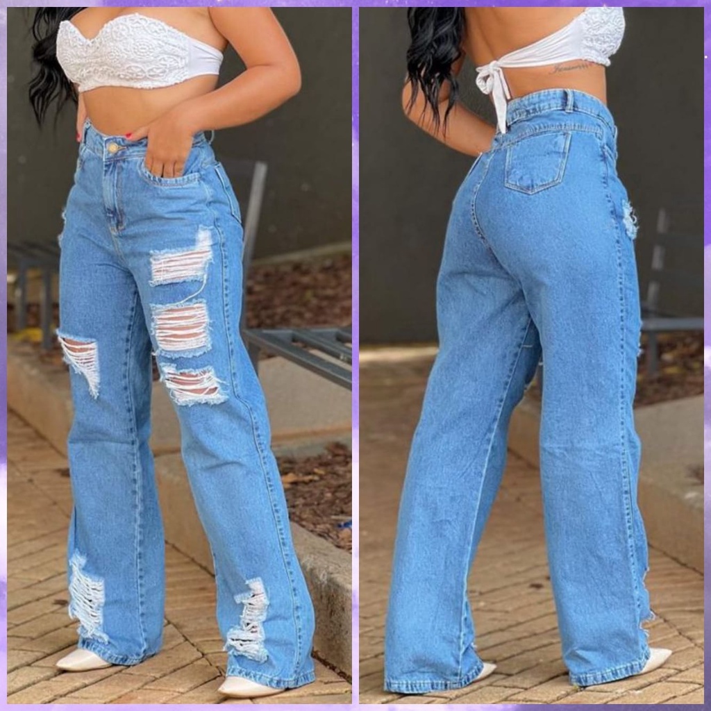 Calça Feminina Jeans Wide Leg Rasgado estampada Cintura Alta Tecido Grosso  muito bom Pantalona Linha Premium 100% Algodão