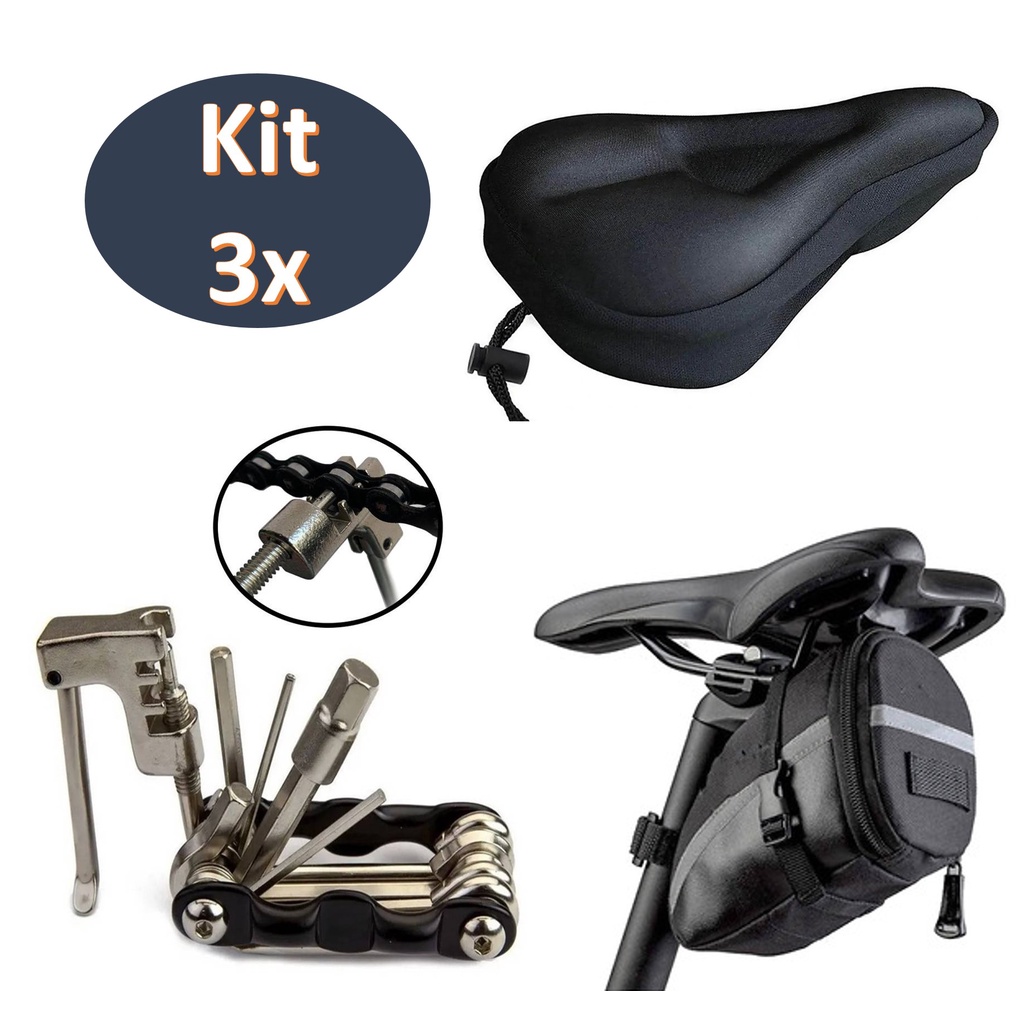 Kit Capa Para Banco Selim Gel Ajustável Bike Ciclismo + Chave Canivete Extrator Chave Saca Pino + Bolsa Para Selim