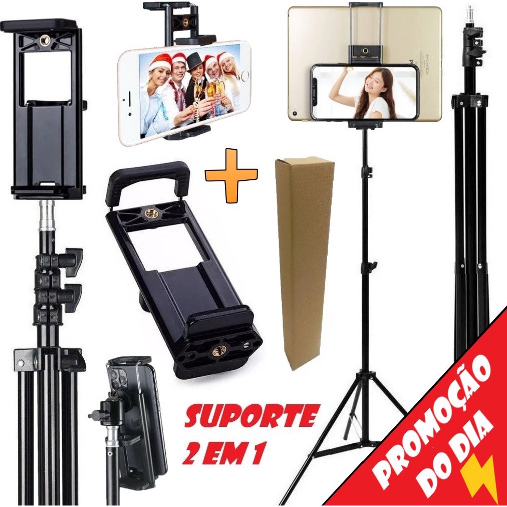 Tripé 2,10m Profissional Suporte 2 em 1 Encaixe Para Celular e Tablet Ipad Apoio Universal Ajustável Rosca 1/4