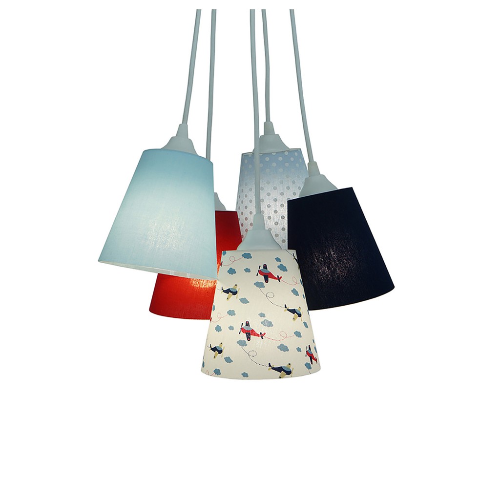 Lustre Pendente Cacho Menino Avião Tecidos Tons de Azul e Vermelho Bivolt