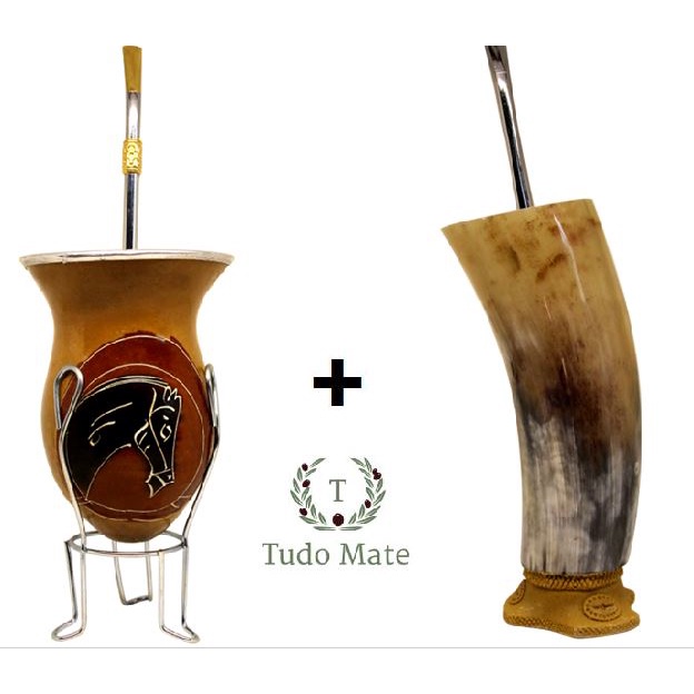 Kit Cuia Para Chimarrão com Tripé e Bomba + Cuia Guampa Chifre Natural de Boi com Bomba