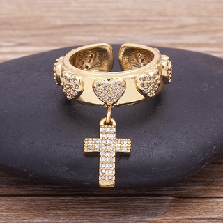 Moda Clássica Zircônia Cruz Pingente Coração Forma Ouro Cor Mulheres Anéis Dedos Abertos Jóias