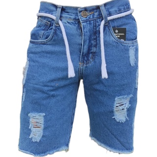 Bermuda Masculina Jeans Claro Premium Rasgado Com Cordão Slim Destroyed