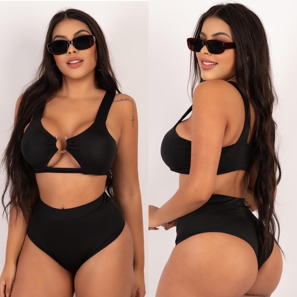 Biquini Cintura Alta Decote Argola Biquíni Hotpants Moda Praia Verão Cropped Top