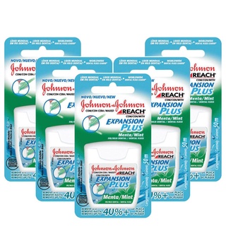 Kit com 5 Fio Dental J&J Reach Expansion Plus Menta 50m