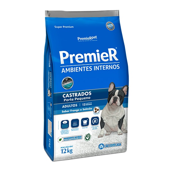 Ração Premier Ambientes Internos para Cães Adultos Castrados de Pequeno Porte Sabor Frango e Salmão - 12Kg - Pets