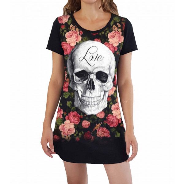Lindo Vestido Com Estampa Fullprint 3D Skull Caveira Flores VE-13