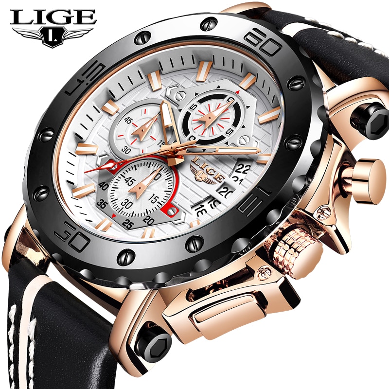 Top Brand LIGE Men Watches Fashion Sport Leather Watch Mens Luxury Date Waterproof Quartz Chronograph Relogio Masculino+Box