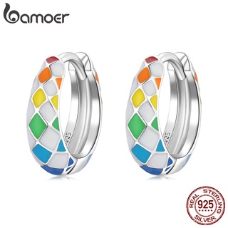 1 Par Brincos De Argola Bamoer Estilo Laço-Íris Xadrez De Prata 925 Para Mulheres/Bijuteria Fashion SCE1351