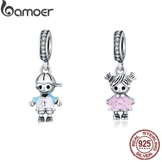 Bamoer 100% 925 Sterling Silver Casal Little Girl & Boy Pingente Charme Fit Meninas Pulseira Jóias Diy Scc543