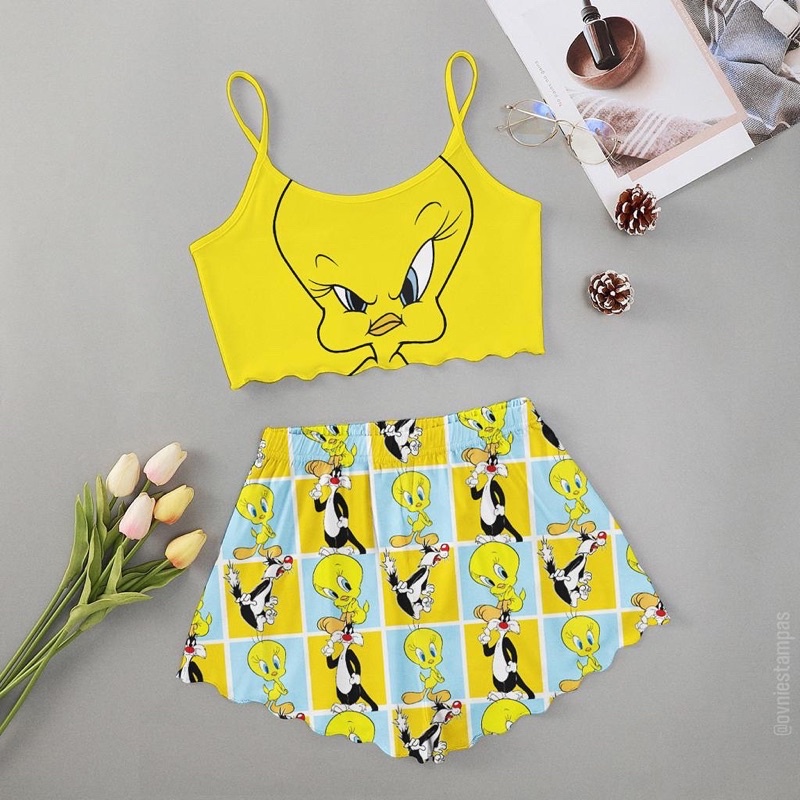 Pijama Feminino Cropped Personagens Roupa de Dormir Baby Doll Moda em Oferta na Shopee