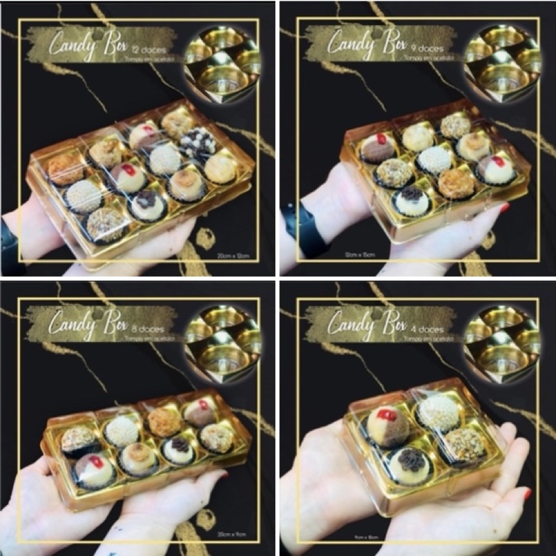 10 caixas embalagens para doces dourada candy box flip com tampa transparente 4/6/8/9/12 doces em Oferta na Shopee