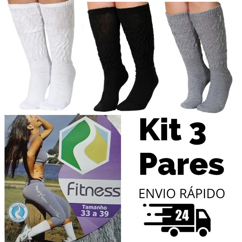 kit 3 Meia Feminina Fitness Cano Longo Academia Musculação Crossfit ...