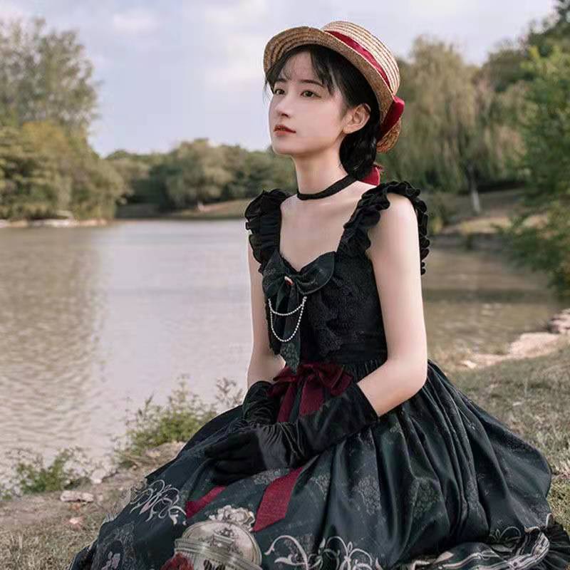 Sling Retro Lolita  Fashion Lace Print Bowknot Dresses Gothic Style Dark Women's Dress