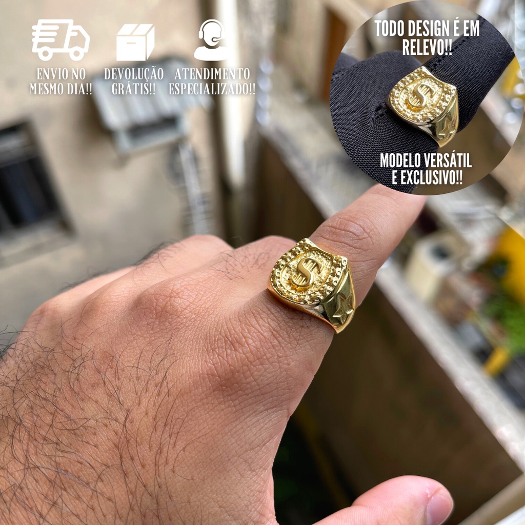 Anel Masculino De Ouro Cifrão C/ Desigin Em Relevo Banhado a Ouro 24k Dedeira De Cifrão Ostentação