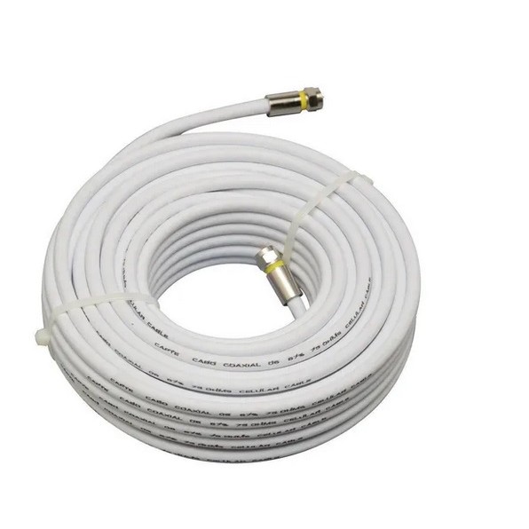 Cabo de antena coaxial RG6 75ohm conectorizado. Tamanho: 5 Metros. Conector F macho de rosca nas duas pontas. Pronto para uso.