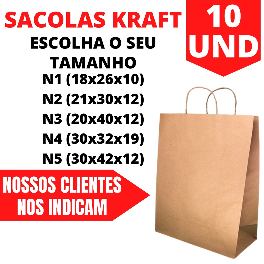 Sacola Kraft de Papel Com Alça Para Delivery ou Presente Com 10 Unidades em Oferta na Shopee