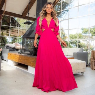 Vestido Feminino Longo Soltinho em Viscose Com Recorte Nas Laterais Manga Longa Bufante Decote Em V Moda Tendência