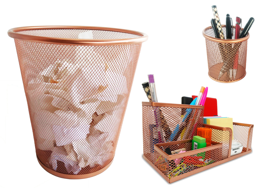 Kit Organizador de Mesa Escritório, Porta Caneta Lápis e Lixeira Aramada 10l Rose Gold Escritório