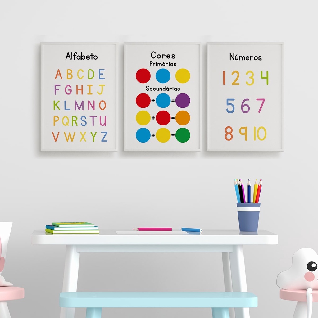 Quadros Alfabeto Cores Primárias Números Kit 3 Peças 20x28cm em Oferta na Shopee