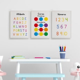 Quadros Alfabeto Cores Primárias Números Kit 3 Peças 20x28cm em Oferta na Shopee
