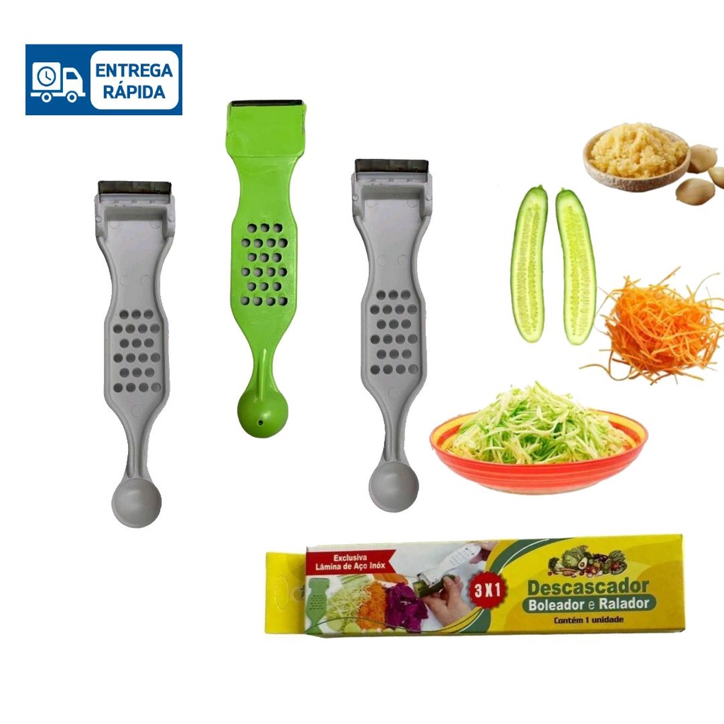 Kit com 3 unid Descascador Furador Boleador E Ralador Legume 3 Em 1 Lamina Aço Inox