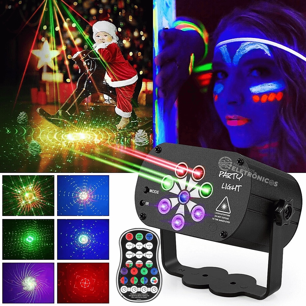 Mini Projetor Laser Recarregável Light 60 Modos, RGB LED, Dj, USB, Luz UV Party Light - 1948810