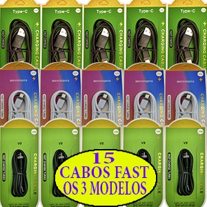 Kit 15 Cabos Fast USB Dados Turbo 5 cabos Tipo C 5 cabos V8 5 cabos compatível para iphone Atacado Revenda varejo