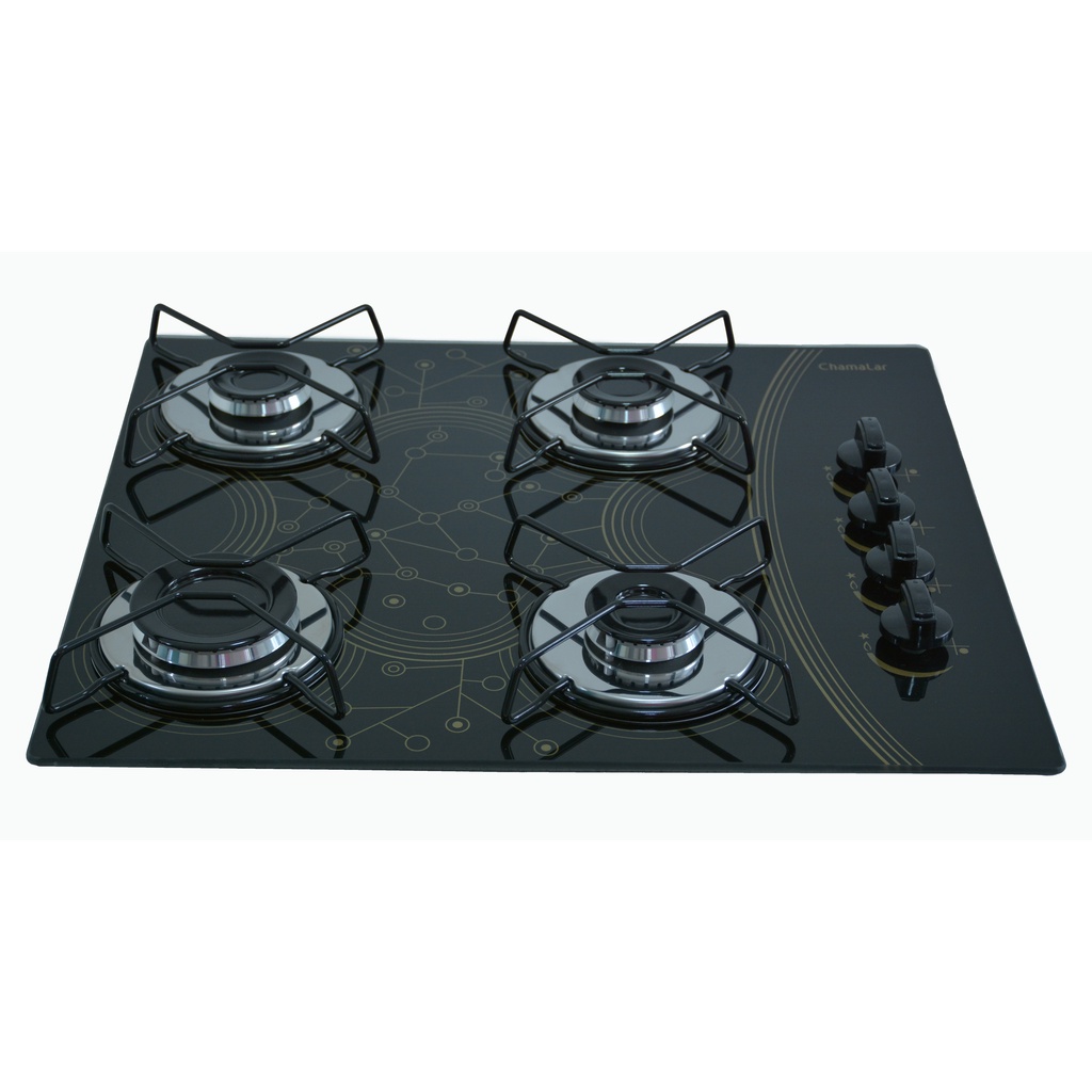 Fogão de Mesa Cooktop À Gás 4 Bocas MESCLADO PRETO Chamalar Ultra Chama Vidro Bivolt