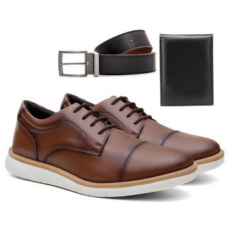 Sapato Social Masculino Estilo Oxford Couro Brilhante Avelã Sofisticado Confortável + Carteira e Cinto Preta