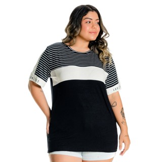 Blusa Camiseta Feminina Plus Size Listrada Preto e Branco Viscose Dia a Dia em Oferta na Shopee
