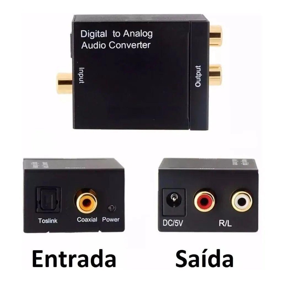 Adaptador Conversor de Áudio Digital Óptico em Analógico RCA Stéreo de 2 Vias Para TV Home Theater