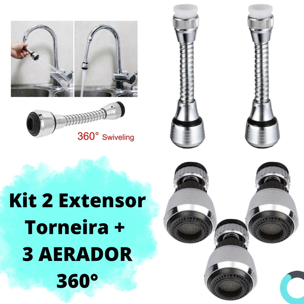 Aerador para torneira 360° e Bico Extensor Kit com 5 Unid.