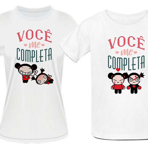 Kit de Camiseta Casal Combinado Você Me Completa Unissex – Love Pucca e Garu Namorados T-Shirt