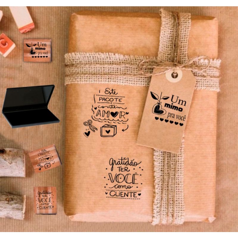 kit 3 carimbos + almofada carimbeira decore embalagens sacolas caixas de delivery envio entrega bolsas kraft Gratidão ter você como cliente + um mimo para você + este pacote contém amor