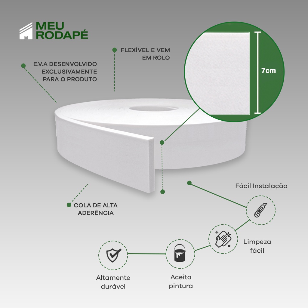Detalhes do Rodapé Moldura Autocolante Flexível EVA 7x1cm - 5 Metros RP43