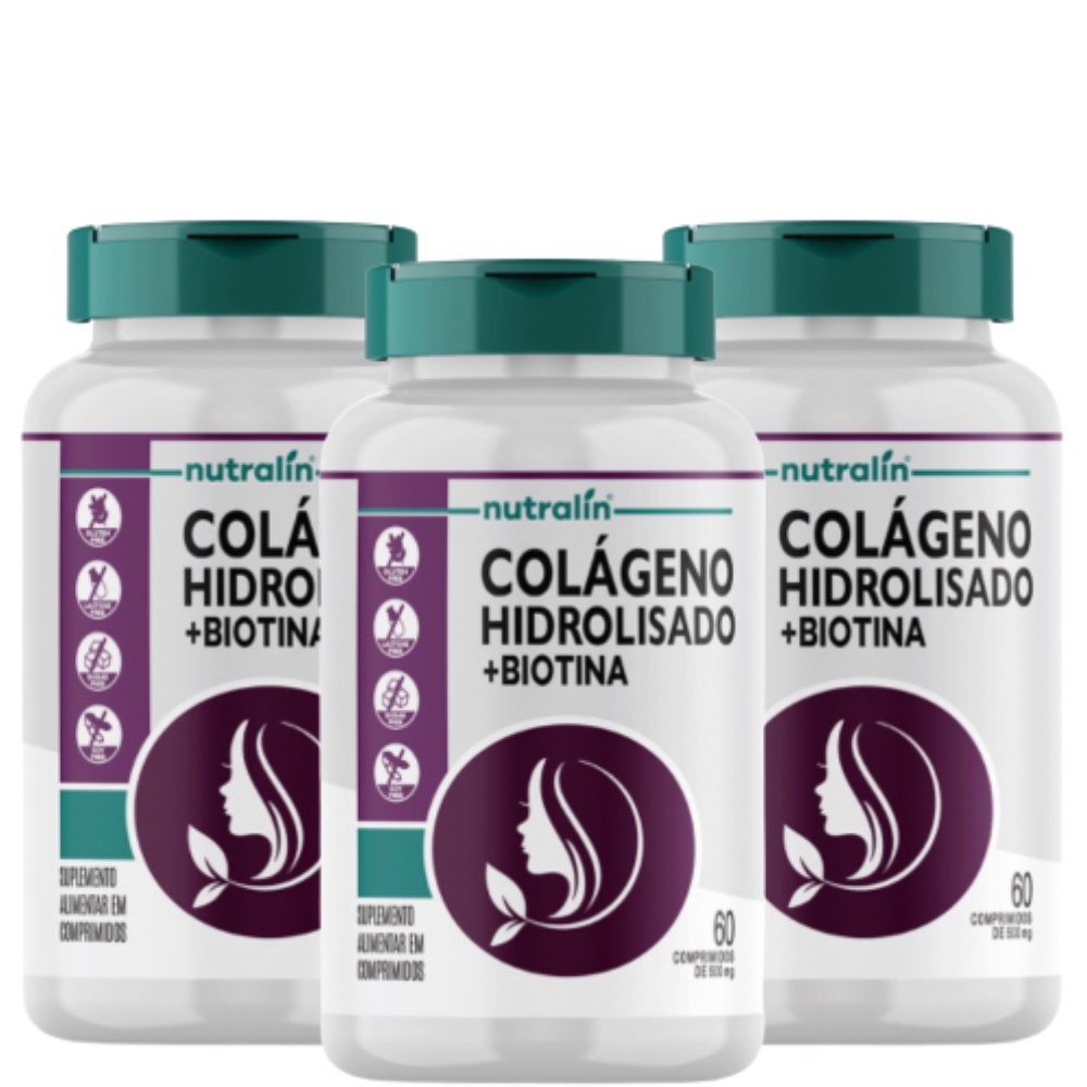 Kit Colágeno Hidrolisado com Biotina Nutralin, 500mg, kit com 3 Potes de 60 Comprimidos em Oferta na Shopee