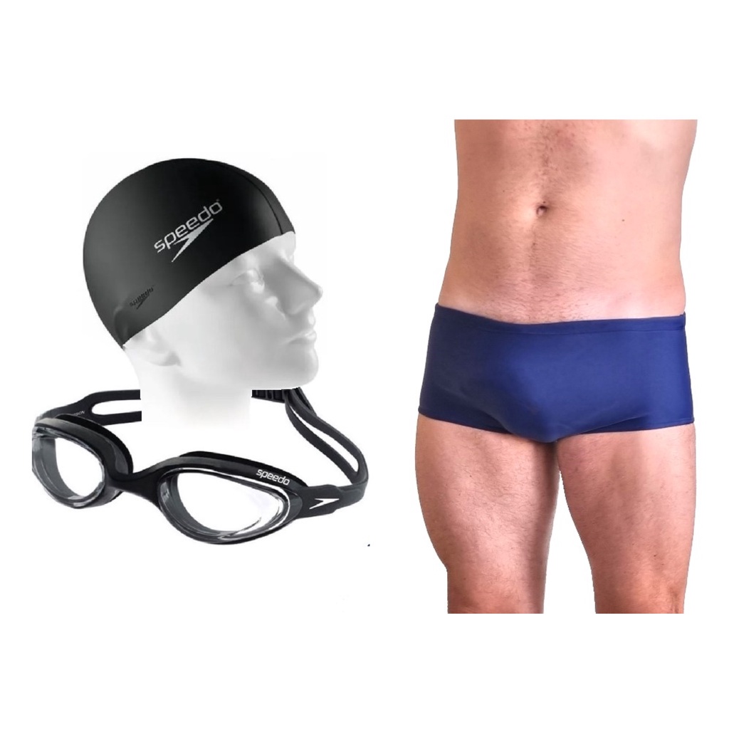 Kit Natação Sunga Adulto Lycra Confortável + Óculos Hydrovision Speedo + Touca Flat Silicone Speedo