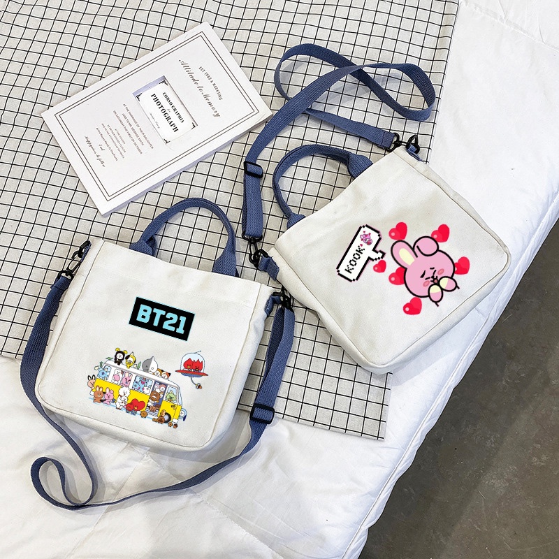 Coreano BTS Transversal Bolsa De Ombro BT21 Lona Tote Para Estudantes Compras