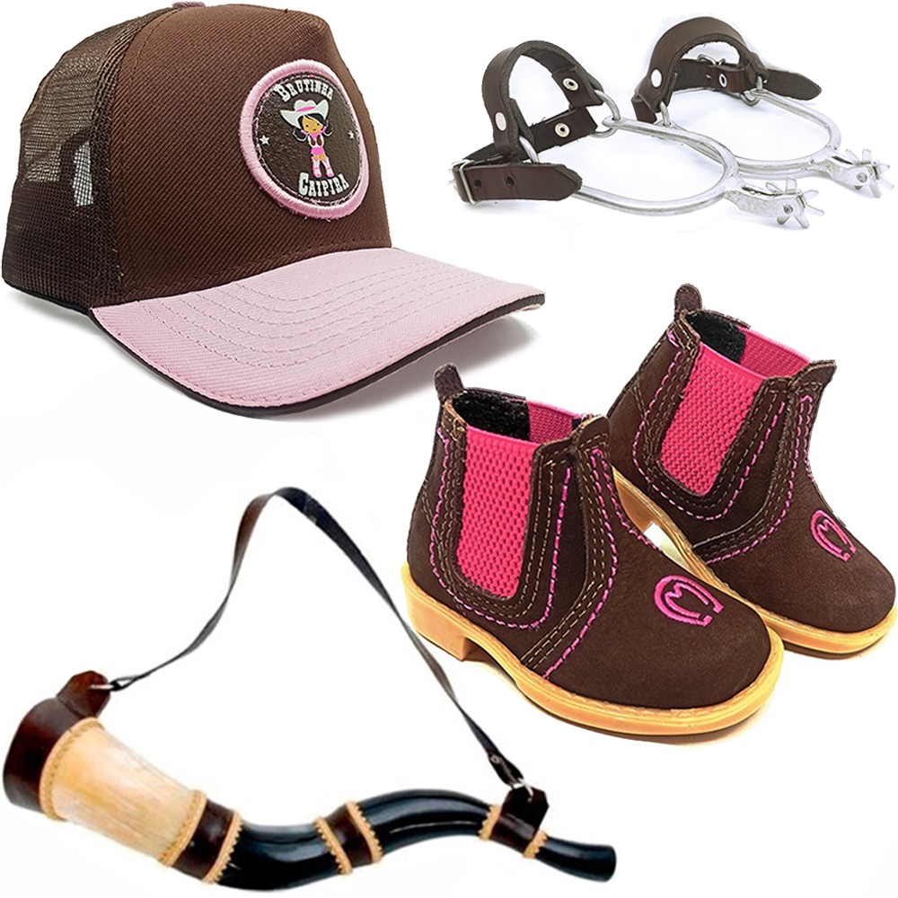 Kit Infantil Botina Mangalarga Country + Boné Kids Brutinha Caipira + Berrante Mirim+ Espora CV