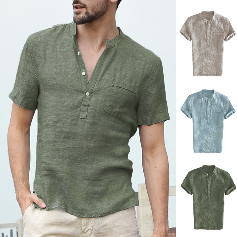 INCERUN Camisa de Manga Curta com Gola V/Botão Casual Masculina