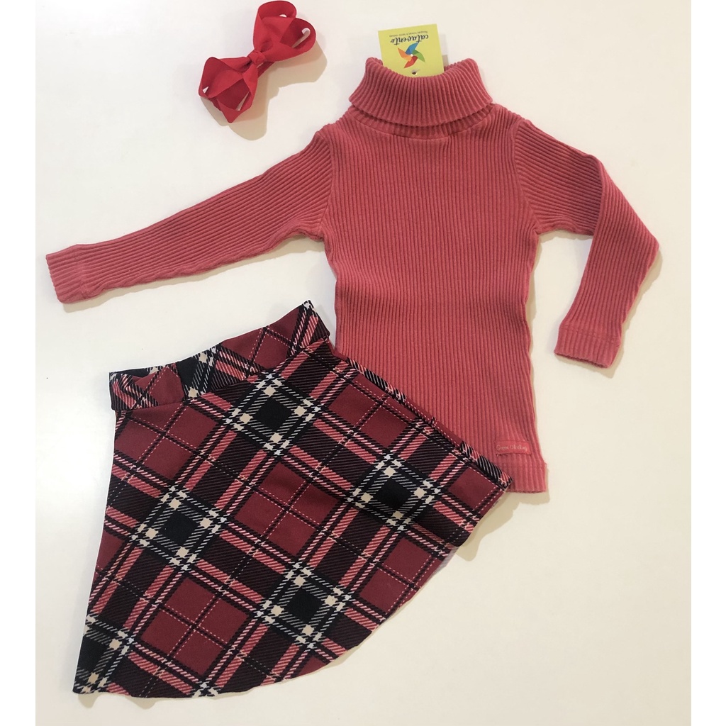 Roupa Bebe Conjunto Blusa Manga Longa Saia Peplum Babadinho  Infantil Moda Outono Inverno Look Festa Estiloso Menina