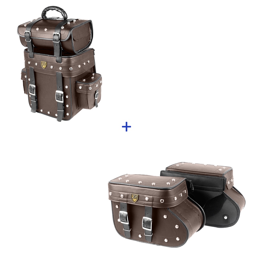 Kit Viagem Alforge Traseiro 25 Litros Couro Sintético Marrom C/ Cravos + Alforge Lateral Botinha 18 Litros Couro Sintético Marrom C/ Cravos